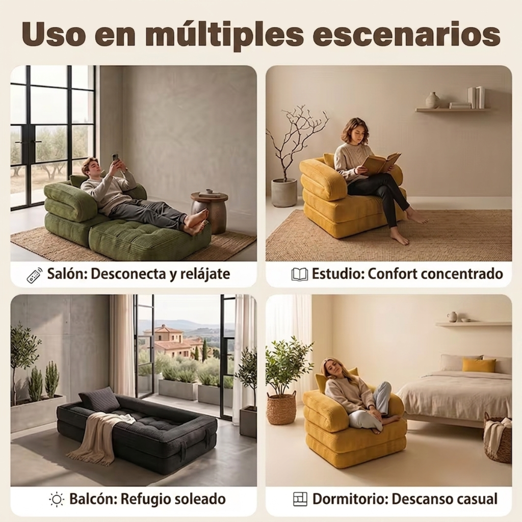 Sofá cama plegable 3 en 1 con tumbona, pana suave y espuma de alta densidad