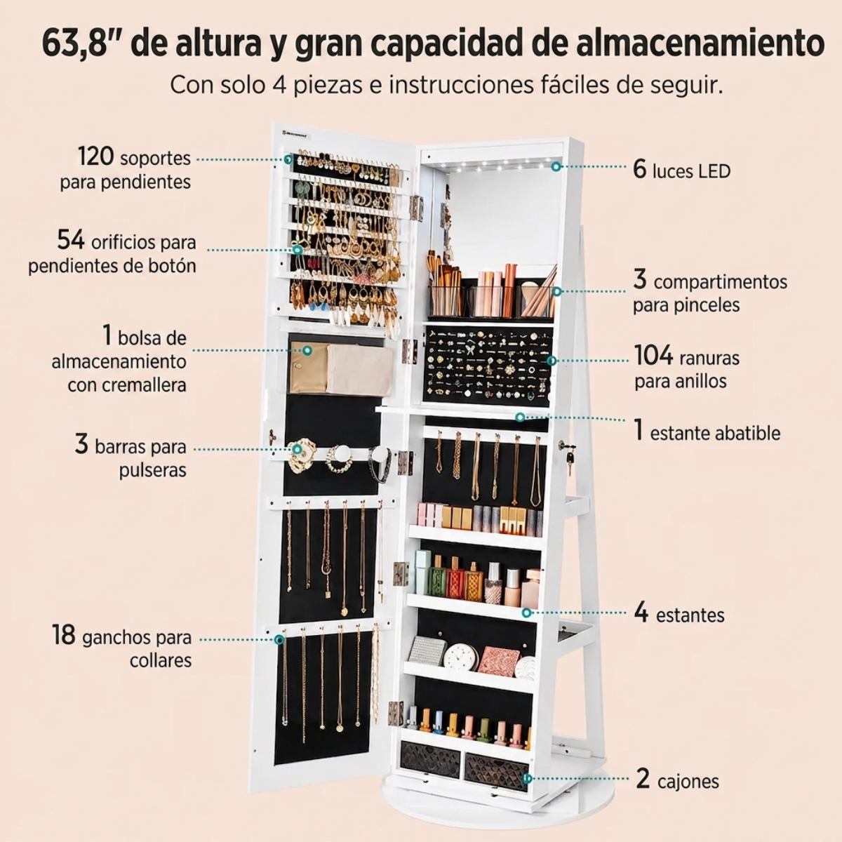 Espejo giratorio de 360° con joyero, organizador interior y luces LED