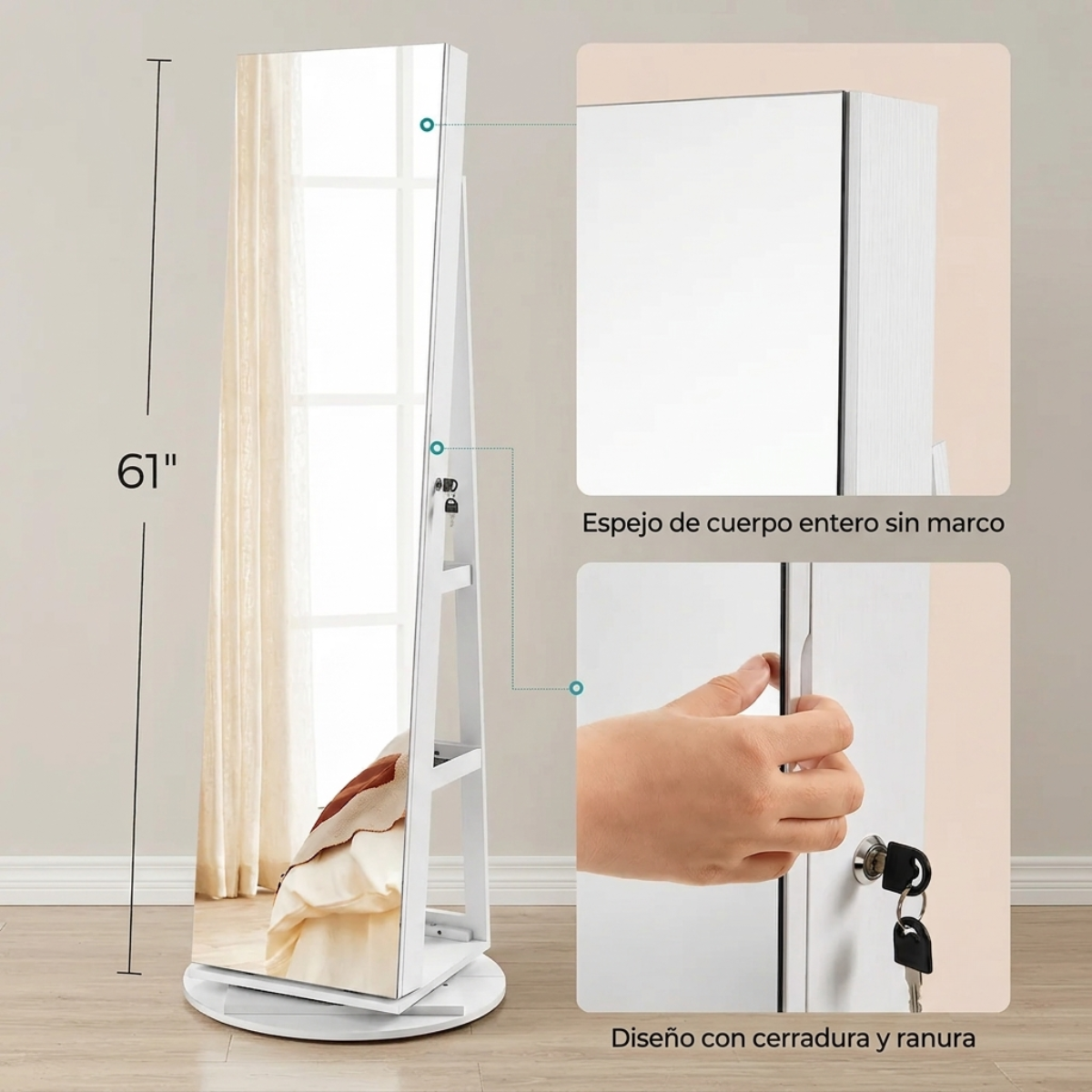 Espejo giratorio de 360° con joyero, organizador interior y luces LED