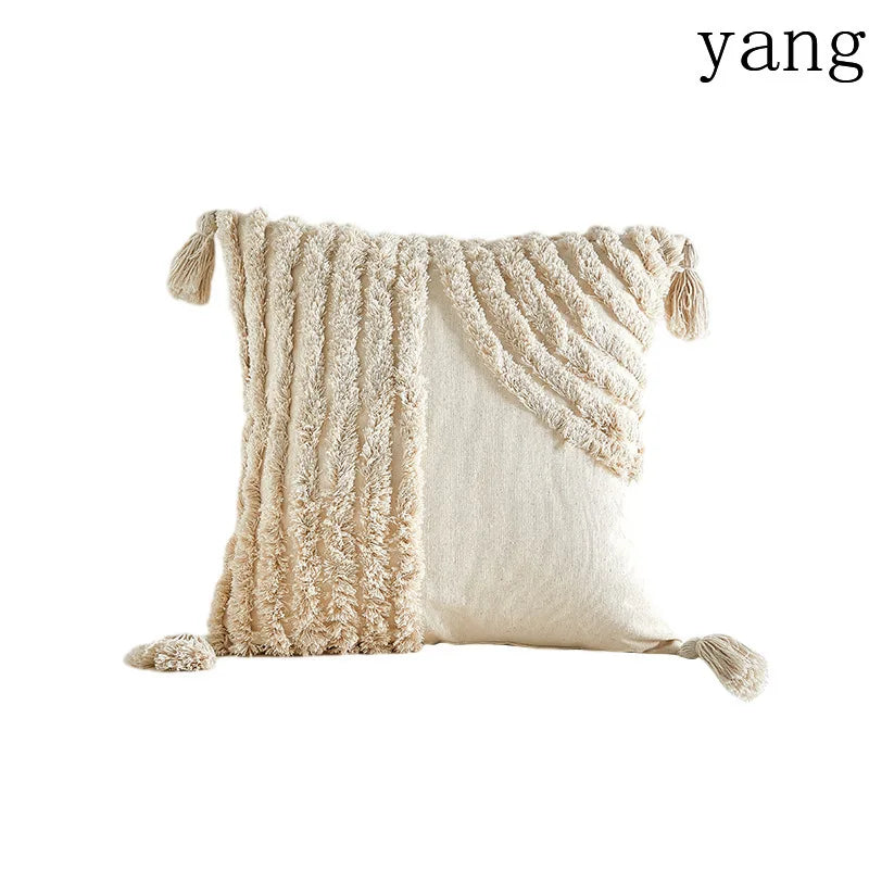 Funda de cojín con flecos estilo wabi-sabi para sofá o dormitorio.