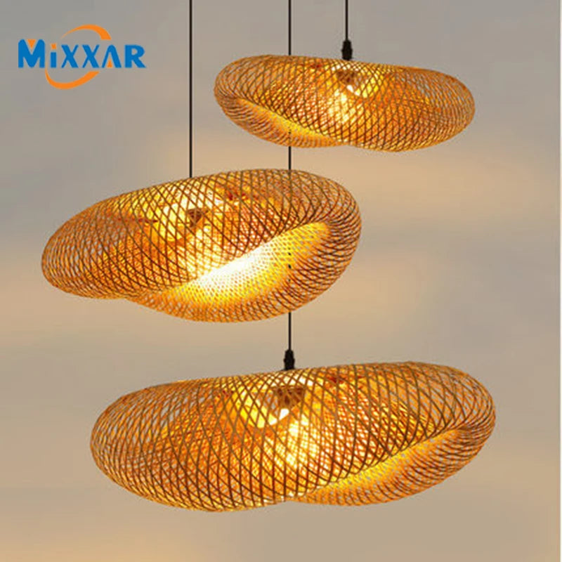Lámpara de araña tejida de bambú ZK20, 60/50/40cm, lámpara colgante de luz de techo LED, accesorios de lámpara tejida de ratán, decoraciones para el hogar y el dormitorio