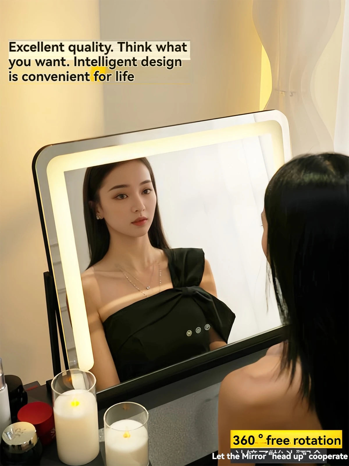 Espejo de Maquillaje LED Inteligente de Escritorio Grande con Luces, Espejo de Vanidad Giratorio con Iluminación para el Hogar