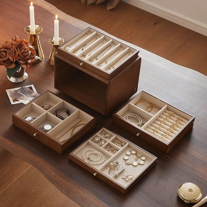 Caja de joyería de madera maciza, cajas de almacenamiento Retro de lujo para baratija, collares, pendientes, pulseras, vitrina, organizadores de escaparates de joyería