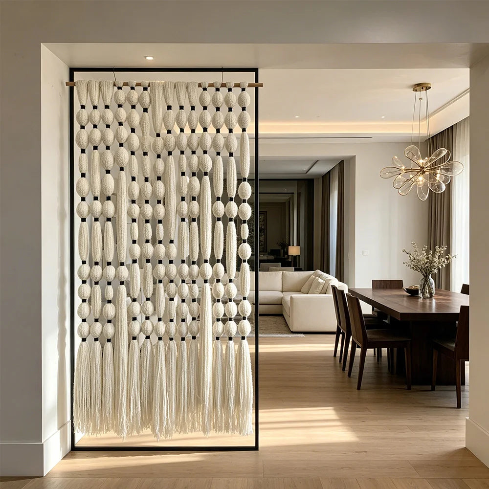 Decoración de Pared Bohemia Hecha a Mano con Bolas de Algodón, Tapiz de Macramé con Borlas Grandes para Decoración de Escaparates de Tiendas de Ropa