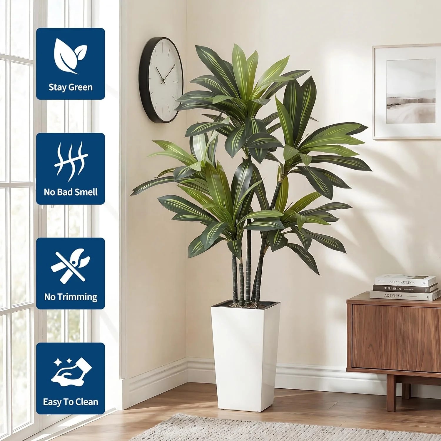 Árbol Artificial de Dracaena de 1.5 m con Maceta Alta Blanca/Negra, Planta Artificial Realista en Maceta, Árbol de Yucca Artificial Grande para Decoración de Hogar, Oficina, Sala de Estar