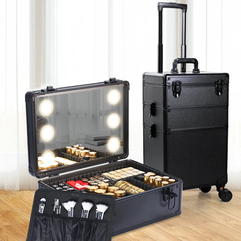 Maquillaje rodante de aluminio intercambiable portátil 3 en 1 con espejo LED y varilla de tracción - Organizador de herramientas de belleza