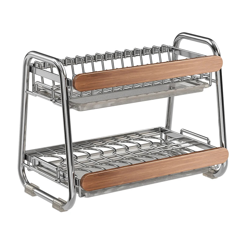 Escurridor de Platos de 2 Niveles de Acero Inoxidable 304 con Asa de Madera Retro, Escurridor de Cocina para Encimera con Bandeja de Drenaje para Platos, Tazones y Utensilios