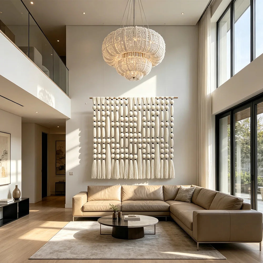 Decoración de Pared Bohemia Hecha a Mano con Bolas de Algodón, Tapiz de Macramé con Borlas Grandes para Decoración de Escaparates de Tiendas de Ropa