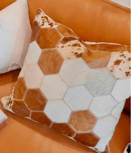 Funda de cojín 100% piel de vaca auténtica 45x45, funda de almohada de lujo color crema y marrón para decoración del hogar