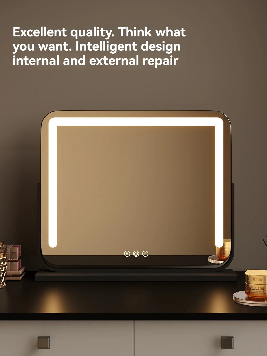 Espejo de Maquillaje LED Inteligente de Escritorio Grande con Luces, Espejo de Vanidad Giratorio con Iluminación para el Hogar