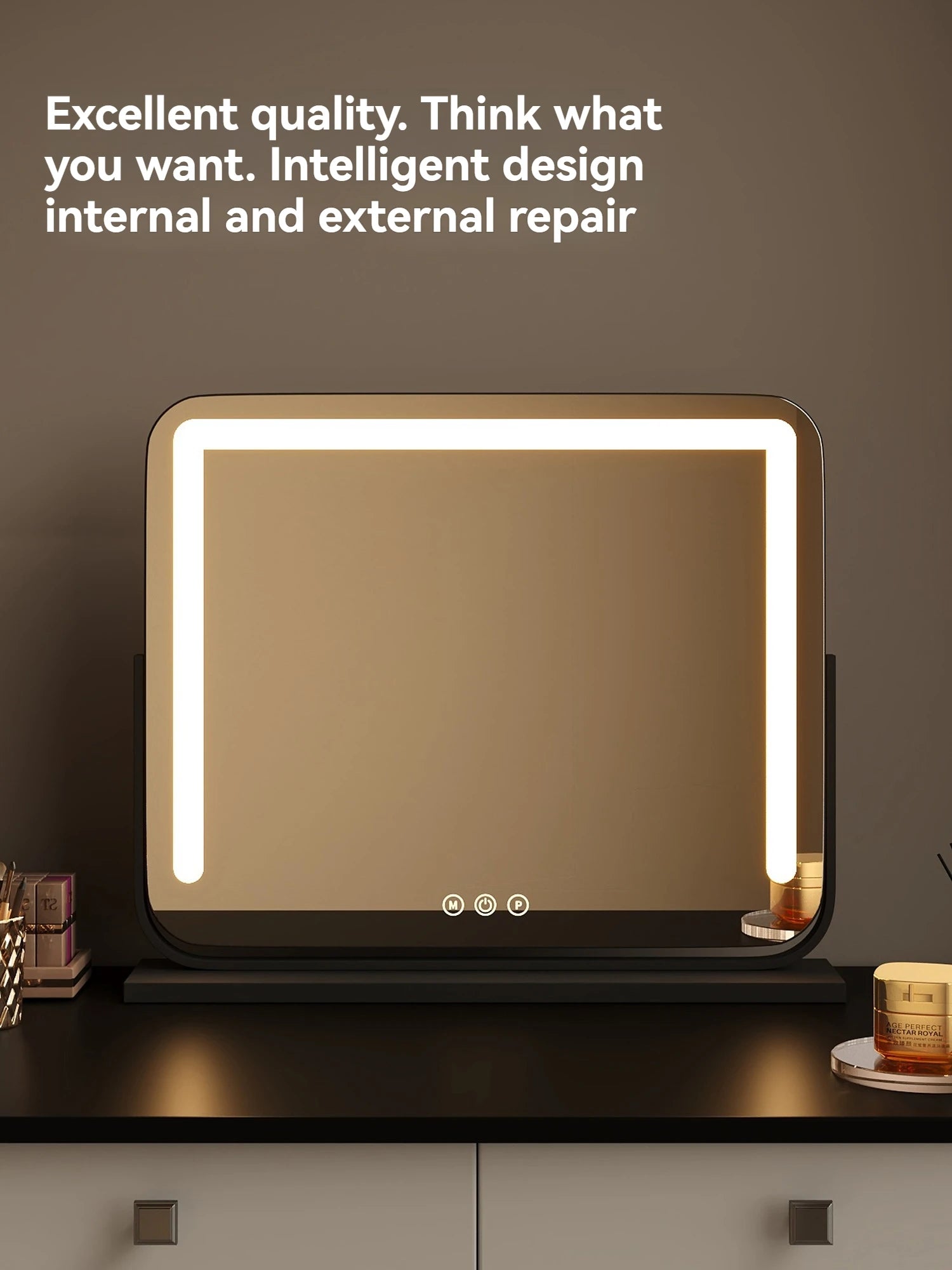 Espejo de Maquillaje LED Inteligente de Escritorio Grande con Luces, Espejo de Vanidad Giratorio con Iluminación para el Hogar