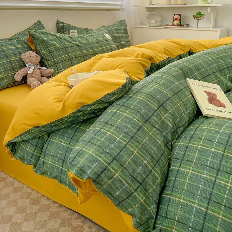 Juego de cama de algodón lavado con patrón de cuadros nórdicos, funda nórdica, funda de almohada, juego de sábanas, funda de edredón, juego de ropa de cama tamaño Queen King