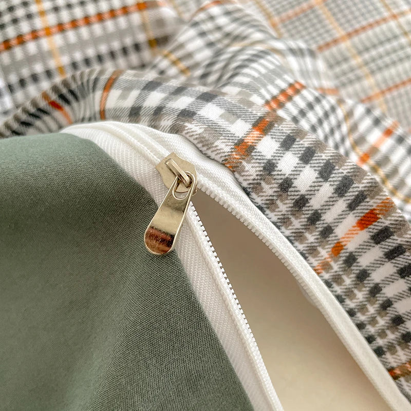 Juego de cama de algodón lavado con patrón de cuadros nórdicos, funda nórdica, funda de almohada, juego de sábanas, funda de edredón, juego de ropa de cama tamaño Queen King