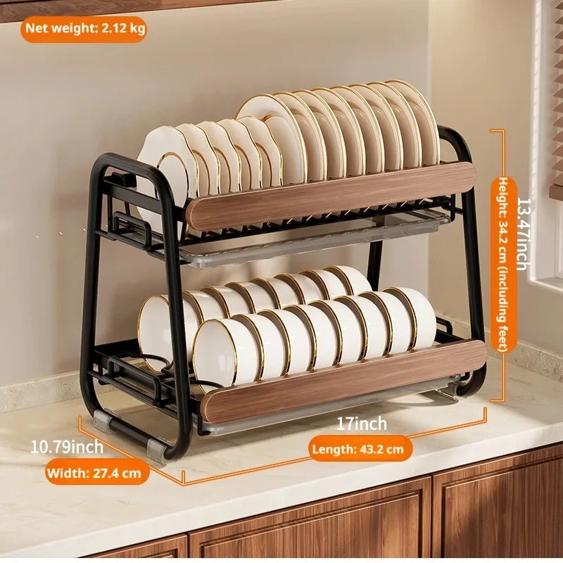 Escurridor de Platos de 2 Niveles de Acero Inoxidable 304 con Asa de Madera Retro, Escurridor de Cocina para Encimera con Bandeja de Drenaje para Platos, Tazones y Utensilios