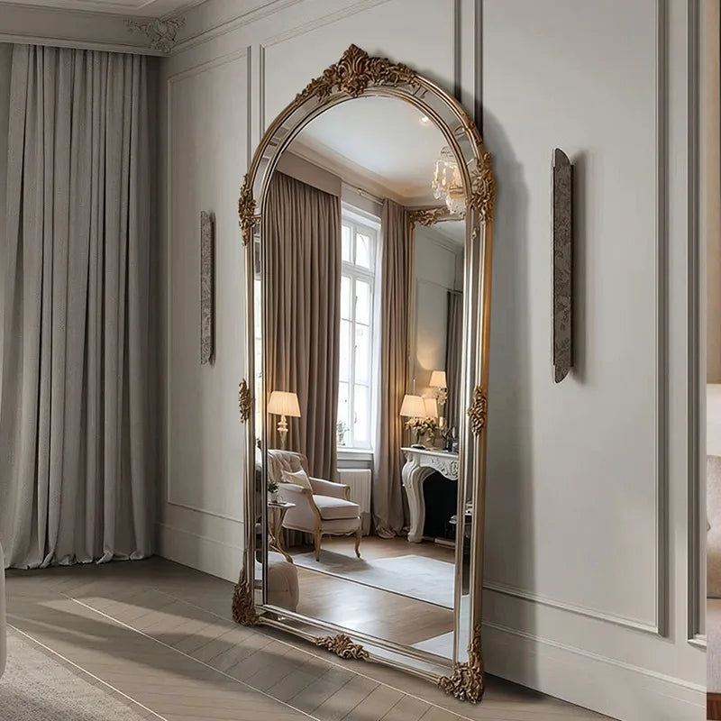 Espejo de cuerpo entero vintage francés, espejo de pie arqueado de madera, estilo nórdico, espejo de vestidor para el hogar, espejo de pared para probador.