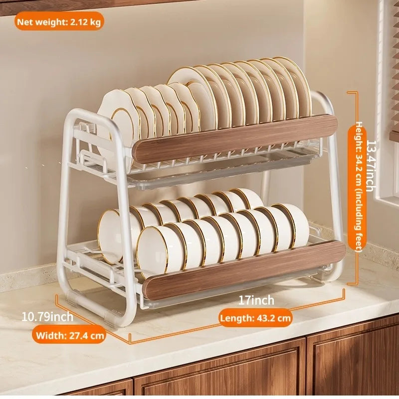 Escurridor de Platos de 2 Niveles de Acero Inoxidable 304 con Asa de Madera Retro, Escurridor de Cocina para Encimera con Bandeja de Drenaje para Platos, Tazones y Utensilios