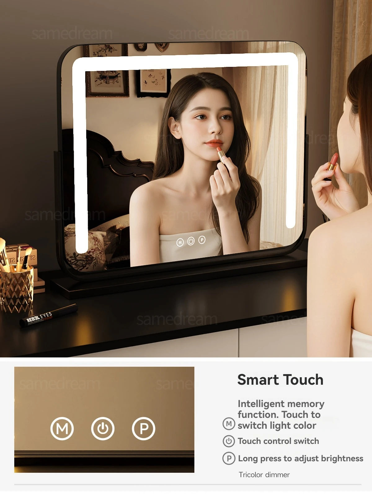Espejo de Maquillaje LED Inteligente de Escritorio Grande con Luces, Espejo de Vanidad Giratorio con Iluminación para el Hogar