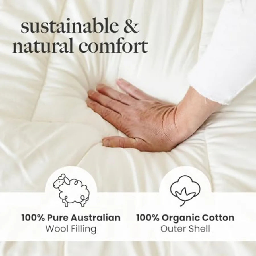 Cubrecolchón de Lana, Estándar Oeko-TEX 100, Relleno de Lana Merino, Satén de Algodón Orgánico, Regulador de Temperatura Natural, Refrescante