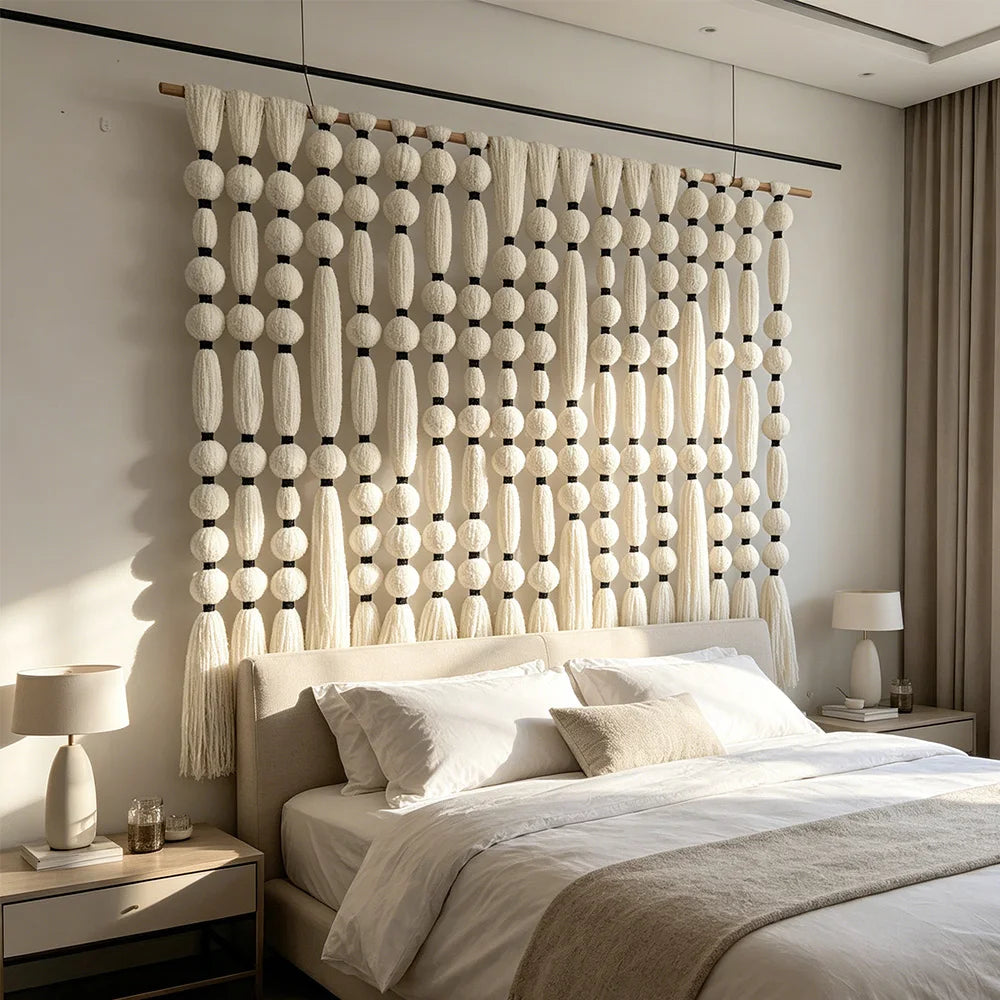 Decoración de Pared Bohemia Hecha a Mano con Bolas de Algodón, Tapiz de Macramé con Borlas Grandes para Decoración de Escaparates de Tiendas de Ropa