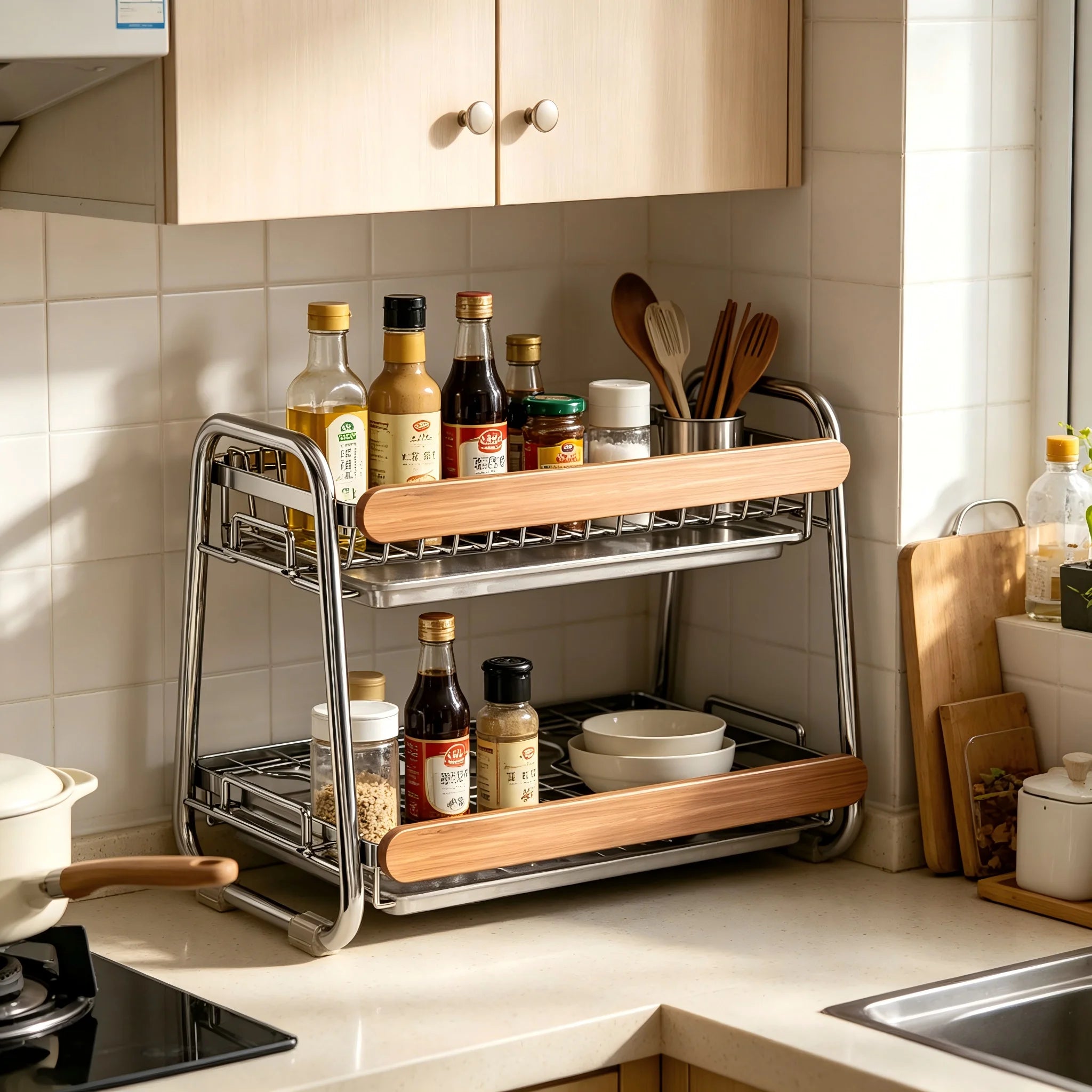 Escurridor de Platos de 2 Niveles de Acero Inoxidable 304 con Asa de Madera Retro, Escurridor de Cocina para Encimera con Bandeja de Drenaje para Platos, Tazones y Utensilios