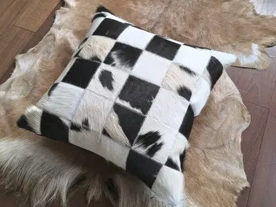 Funda de cojín 100% piel de vaca auténtica 45x45, funda de almohada de lujo color crema y marrón para decoración del hogar