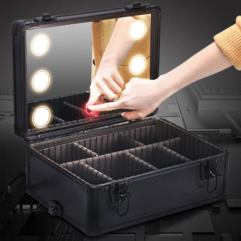 Maquillaje rodante de aluminio intercambiable portátil 3 en 1 con espejo LED y varilla de tracción - Organizador de herramientas de belleza