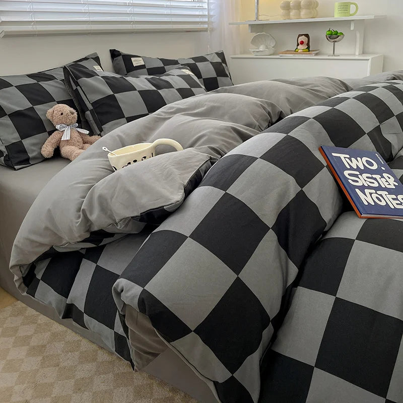 Juego de cama de algodón lavado con patrón de cuadros nórdicos, funda nórdica, funda de almohada, juego de sábanas, funda de edredón, juego de ropa de cama tamaño Queen King
