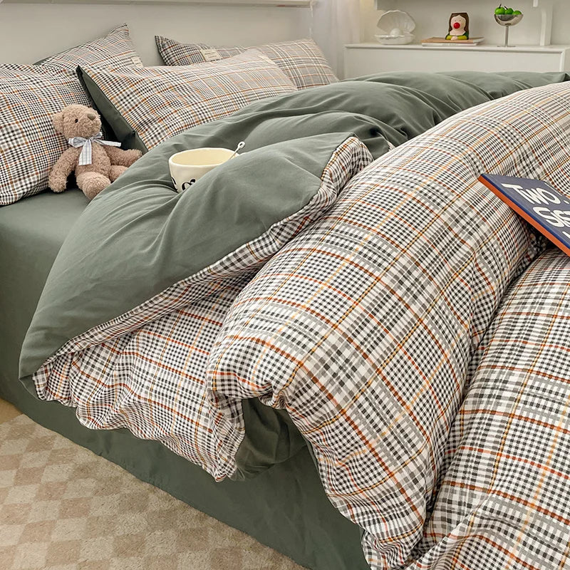 Juego de cama de algodón lavado con patrón de cuadros nórdicos, funda nórdica, funda de almohada, juego de sábanas, funda de edredón, juego de ropa de cama tamaño Queen King