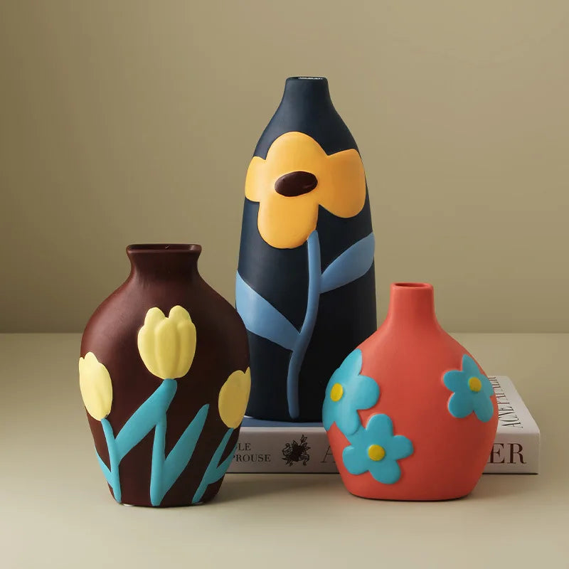 Florero de cerámica de escritorio, arreglo de flores para sala de estar, decoración creativa para el hogar, dispositivo de flores pintadas Morandi