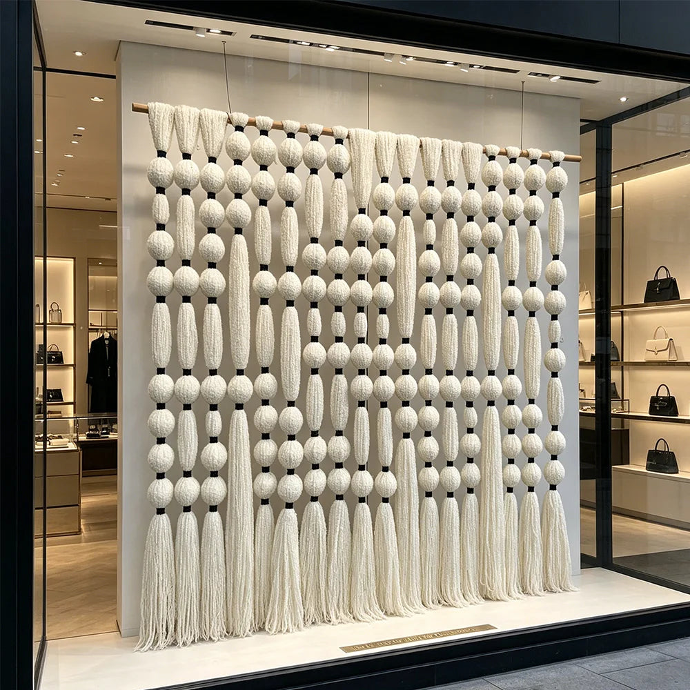 Decoración de Pared Bohemia Hecha a Mano con Bolas de Algodón, Tapiz de Macramé con Borlas Grandes para Decoración de Escaparates de Tiendas de Ropa