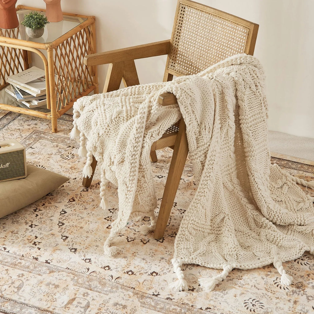 Manta de punto beige nórdica con borlas para sofá, manta decorativa suave y acogedora para sala de estar, regalo de decoración para el hogar