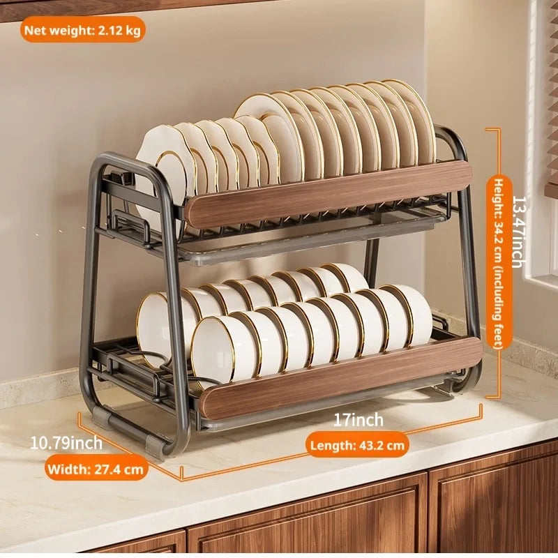 Escurridor de Platos de 2 Niveles de Acero Inoxidable 304 con Asa de Madera Retro, Escurridor de Cocina para Encimera con Bandeja de Drenaje para Platos, Tazones y Utensilios