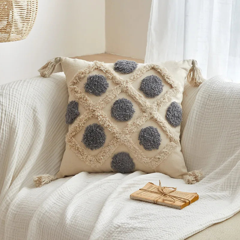 Funda de cojín con flecos estilo wabi-sabi para sofá o dormitorio.