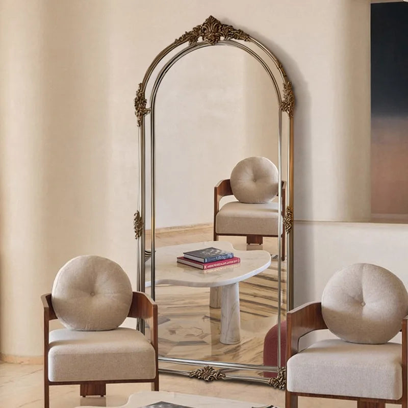 Espejo de cuerpo entero vintage francés, espejo de pie arqueado de madera, estilo nórdico, espejo de vestidor para el hogar, espejo de pared para probador.