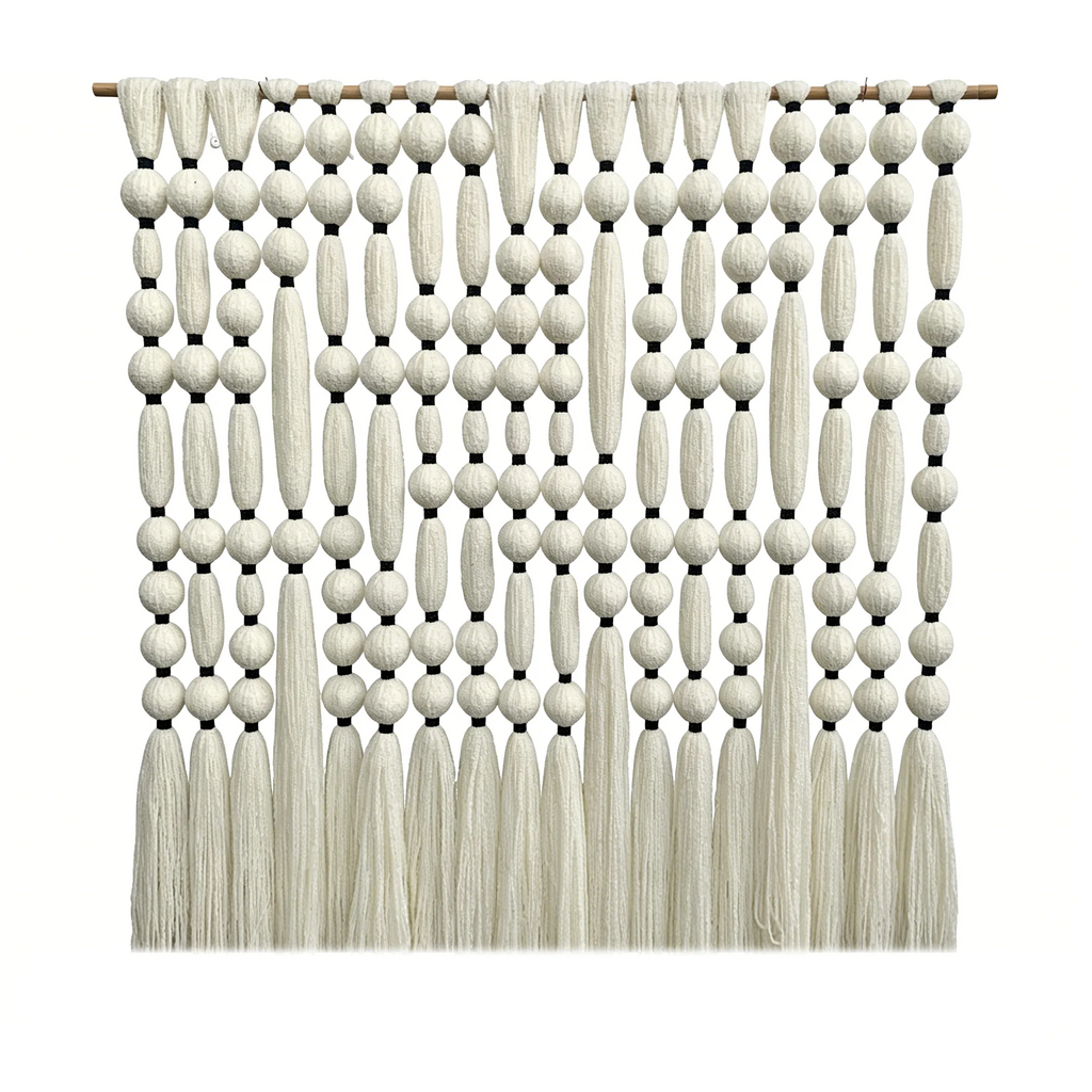 Decoración de Pared Bohemia Hecha a Mano con Bolas de Algodón, Tapiz de Macramé con Borlas Grandes para Decoración de Escaparates de Tiendas de Ropa