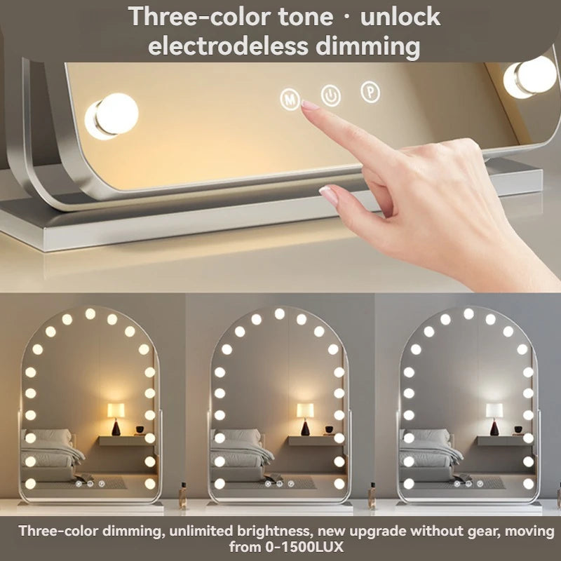 Espejo de maquillaje de escritorio grande led con bombilla, espejo de belleza inteligente, espejo de mesa de vestir giratorio