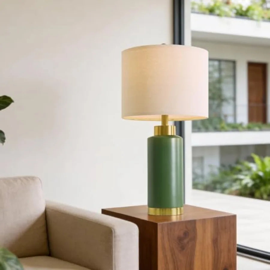 Juego de 2 Lámparas de Mesa de Cerámica Verde de 25 Pulgadas, Lámparas de Noche Modernas de Mediados de Siglo para Dormitorio, Sala de Estar, con Pantalla de Lino y Dorado
