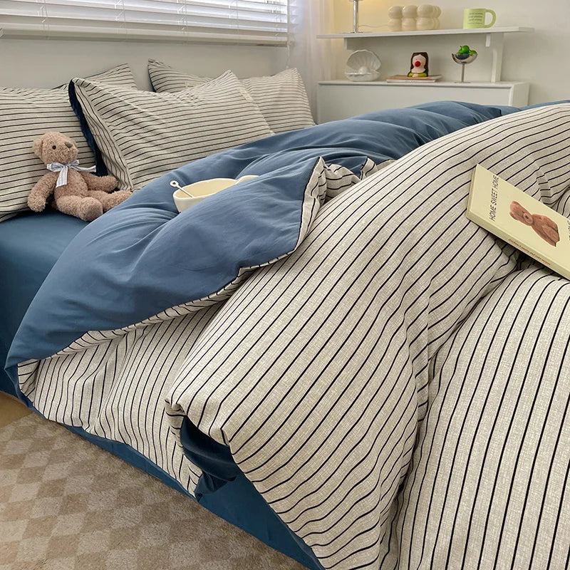 Juego de cama de algodón lavado con patrón de cuadros nórdicos, funda nórdica, funda de almohada, juego de sábanas, funda de edredón, juego de ropa de cama tamaño Queen King