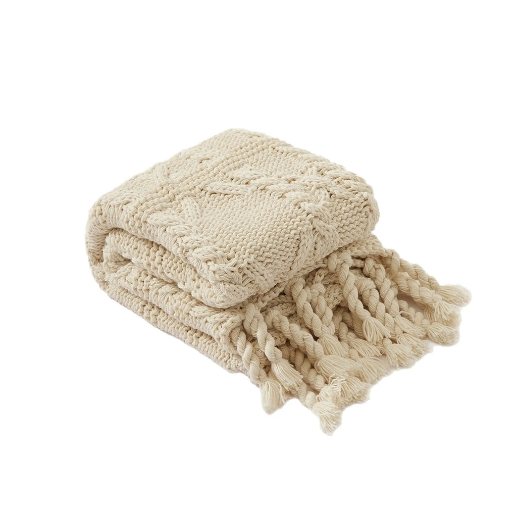 Manta de punto beige nórdica con borlas para sofá, manta decorativa suave y acogedora para sala de estar, regalo de decoración para el hogar