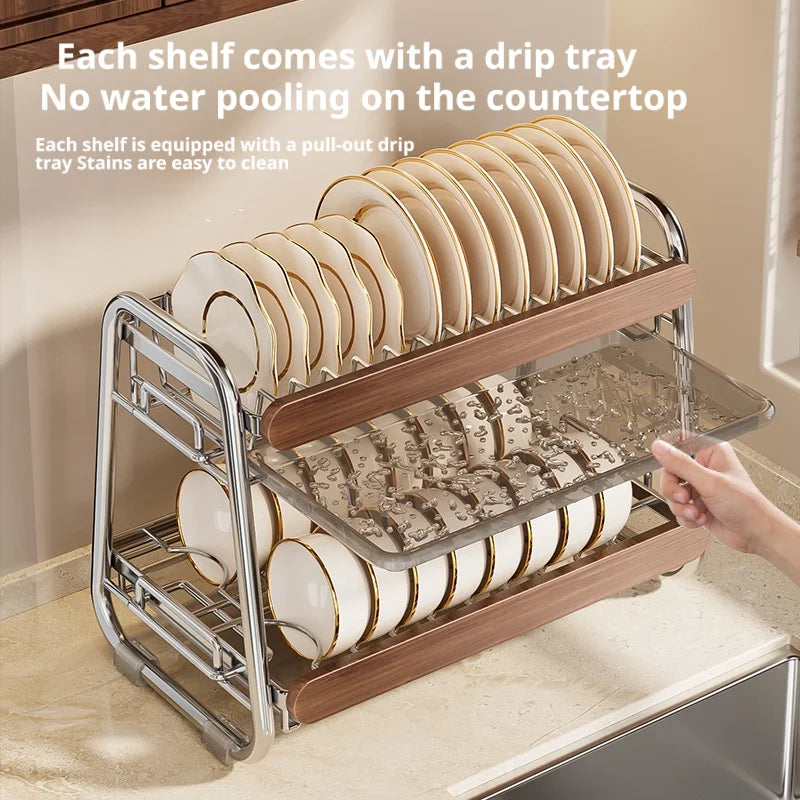 Escurridor de Platos de 2 Niveles de Acero Inoxidable 304 con Asa de Madera Retro, Escurridor de Cocina para Encimera con Bandeja de Drenaje para Platos, Tazones y Utensilios