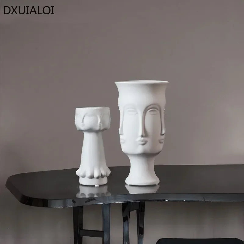DXUIALOI-jarrón artístico creativo con cara humana, decoración artesanal de cerámica, esmalte de Color blanco, arreglo floral para el hogar y la sala de estar, decoración de jarrón