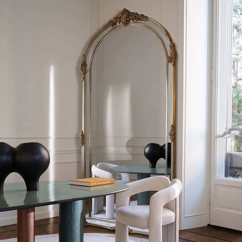 Espejo de cuerpo entero vintage francés, espejo de pie arqueado de madera, estilo nórdico, espejo de vestidor para el hogar, espejo de pared para probador.