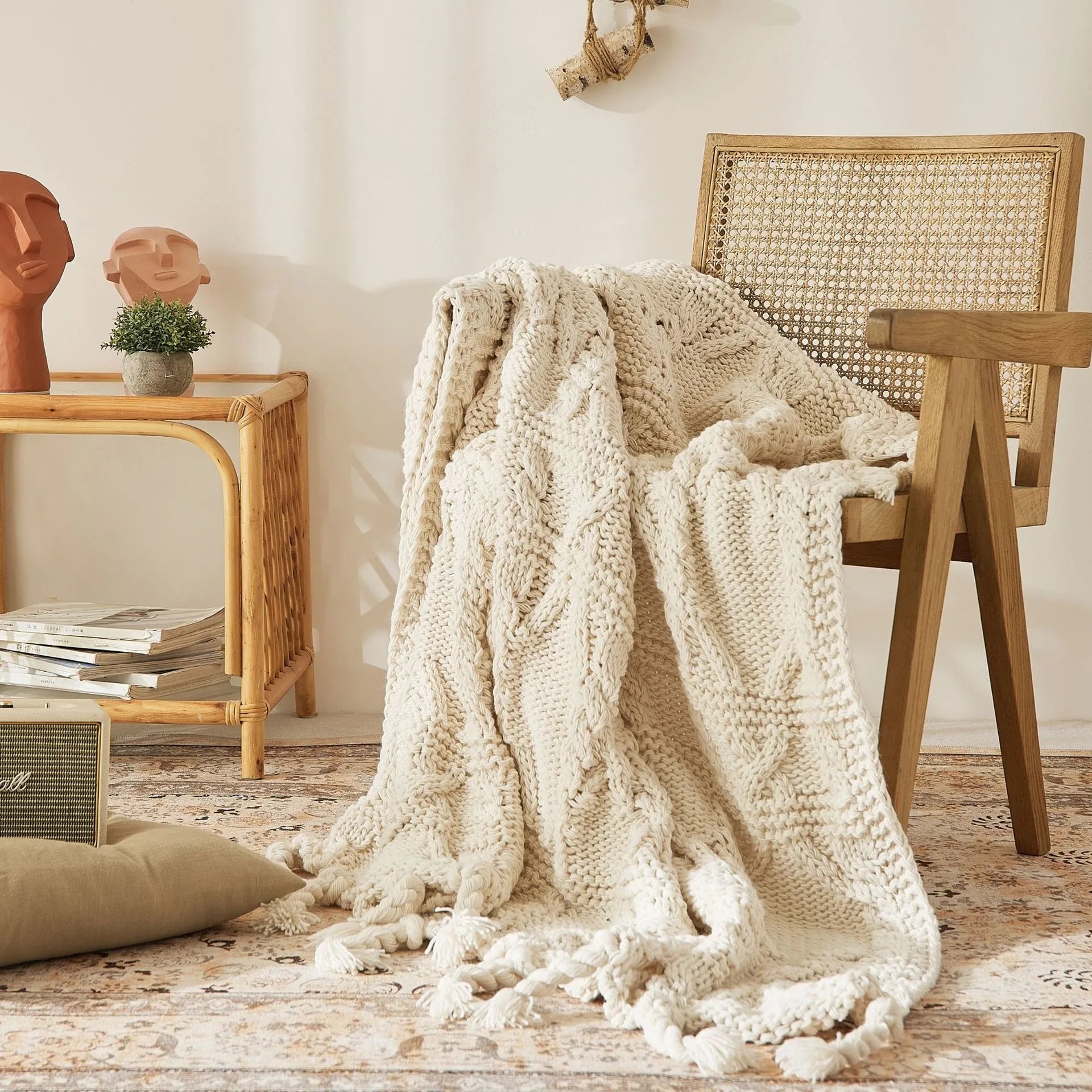 Manta de punto beige nórdica con borlas para sofá, manta decorativa suave y acogedora para sala de estar, regalo de decoración para el hogar