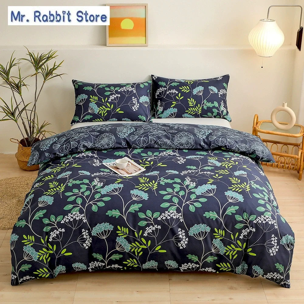 Juego de 2/3 Uds. De funda nórdica con estampado de flores verdes para cama doble Queen/King con funda de almohada, edredón nórdico, funda de edredón