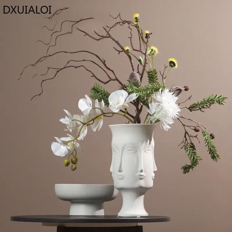 DXUIALOI-jarrón artístico creativo con cara humana, decoración artesanal de cerámica, esmalte de Color blanco, arreglo floral para el hogar y la sala de estar, decoración de jarrón