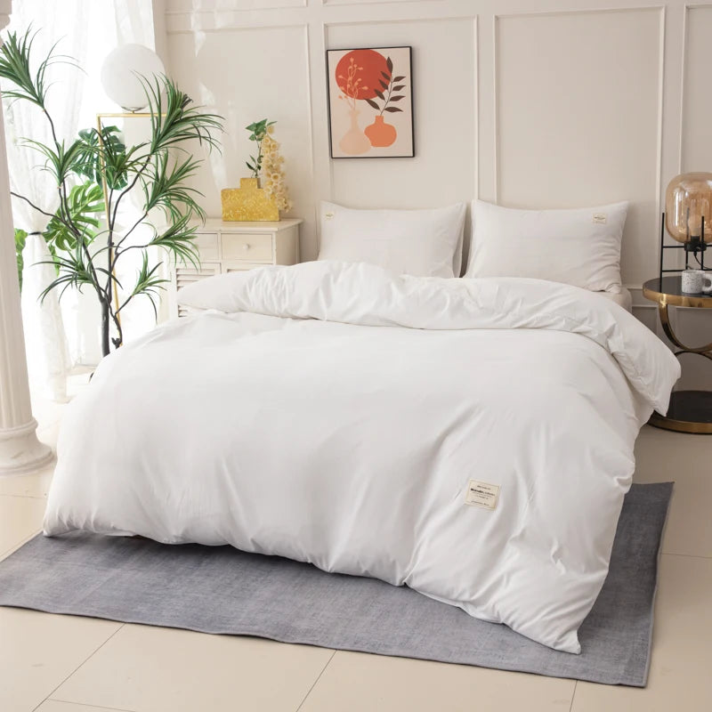 Juego de cama de 4 piezas blanco ultrasuave de poliéster grueso, 110g, minimalista japonés, suave, cómodo, transpirable, juego de cama de color sólido, juego de edredón simple de estilo nórdico, adecuado para dormitorio