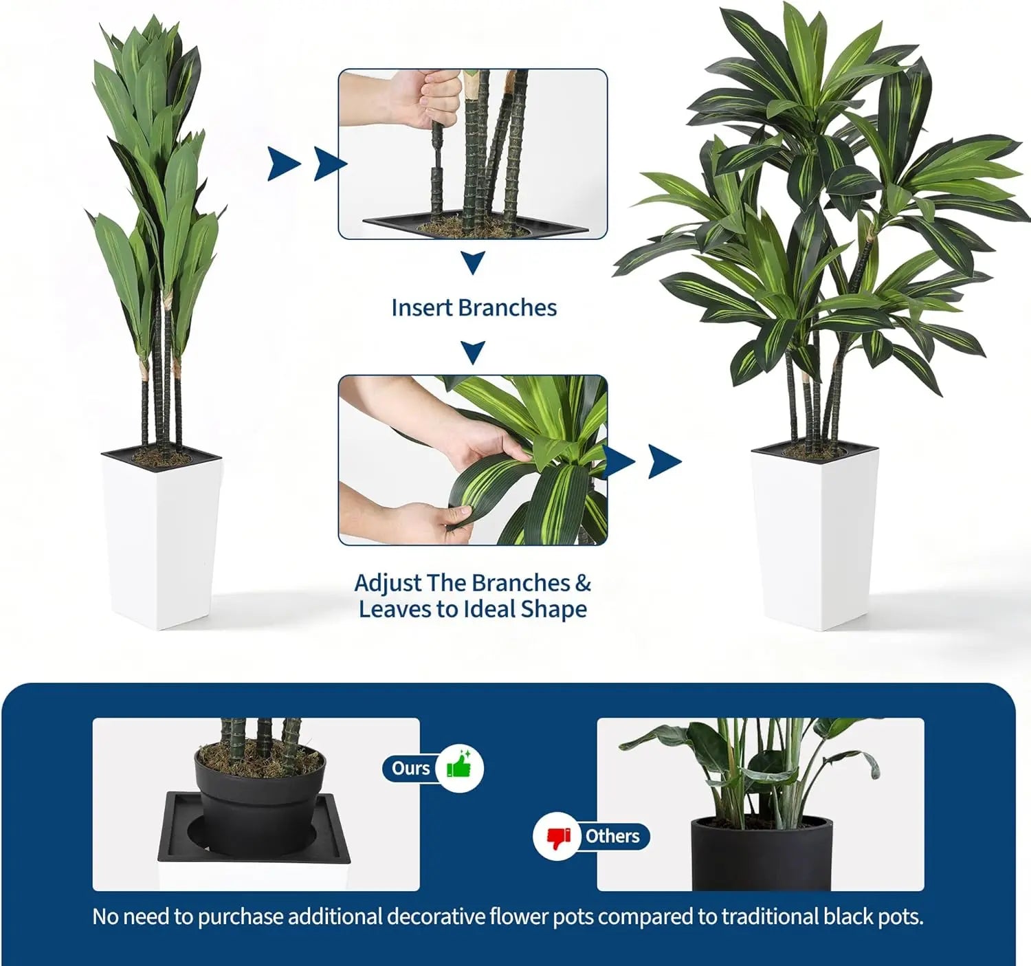 Árbol Artificial de Dracaena de 1.5 m con Maceta Alta Blanca/Negra, Planta Artificial Realista en Maceta, Árbol de Yucca Artificial Grande para Decoración de Hogar, Oficina, Sala de Estar