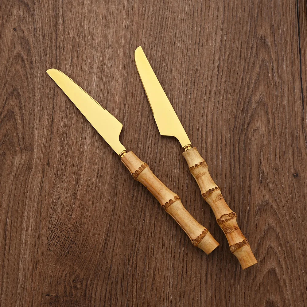 Juegos de cubiertos de bambú y acero inoxidable