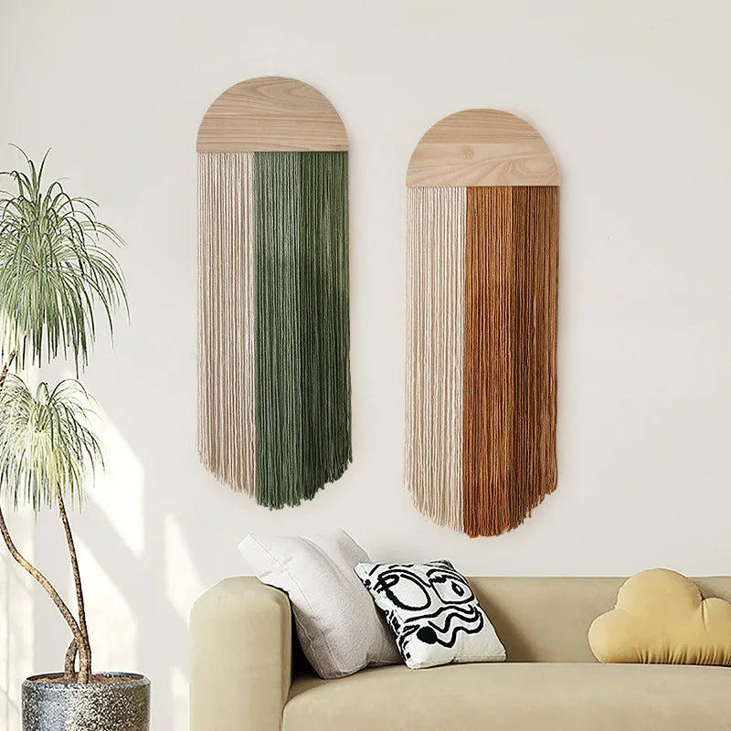 Decoración de pared bohemia de media luna hecha a mano, macramé colorido, tapices de pared con arte de pared de madera Natural para decoración de dormitorio y sala de estar