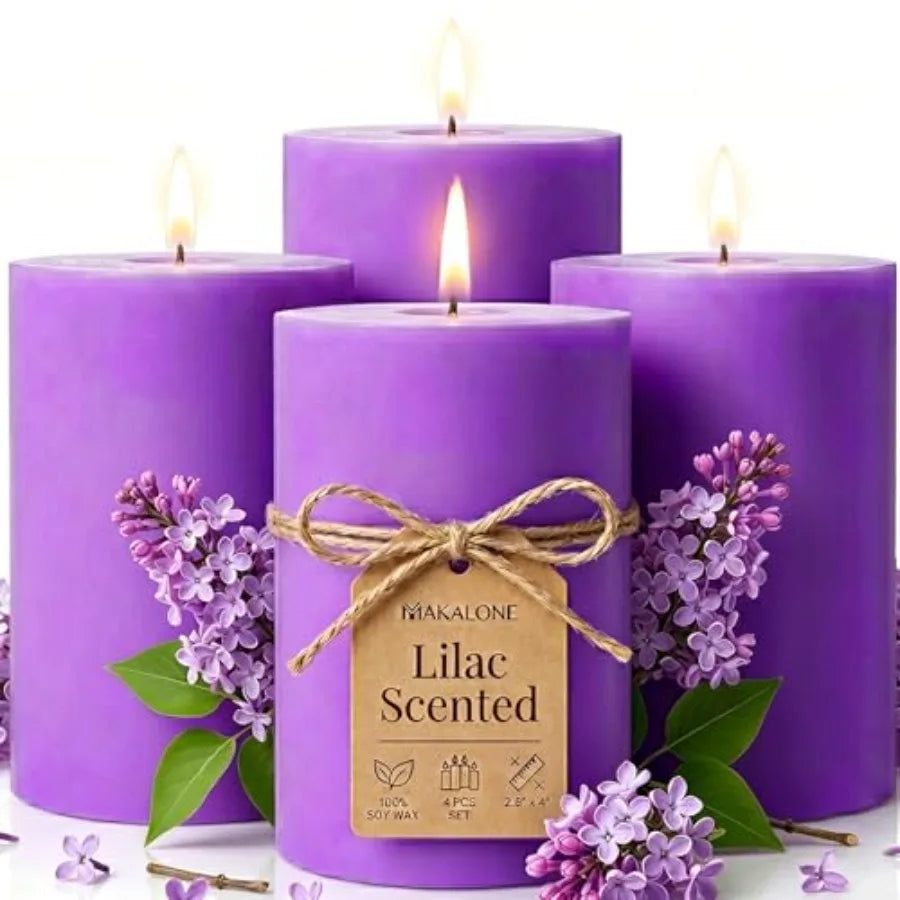 Paquete de 4 Velas Aromáticas de Soya con Aroma a Lila, 2.8x4 Pulgadas, 240 Horas de Duración, Velas Aromáticas Naturales de Primavera, Hechas a Mano